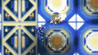 a purple robot is flying through a blue and yellow geometric pattern .