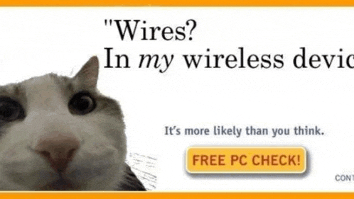 a picture of a cat with the words wires in my wireless devic