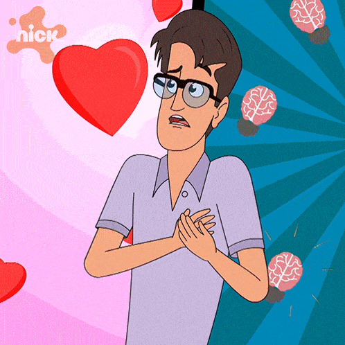 a cartoon of a man with glasses and a heart behind him that says nick on it