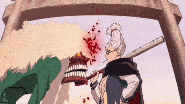 a cartoon of a woman holding a bat and a monster with blood coming out of its mouth