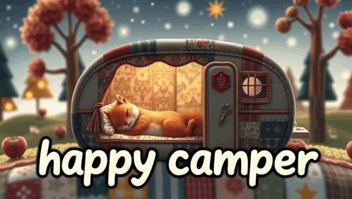 an illustration of a fox sleeping in a camper with the words happy camper below it