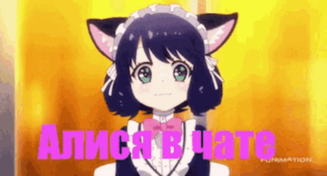 a girl with cat ears is wearing a maid costume and the words alice in the castle are written in pink .