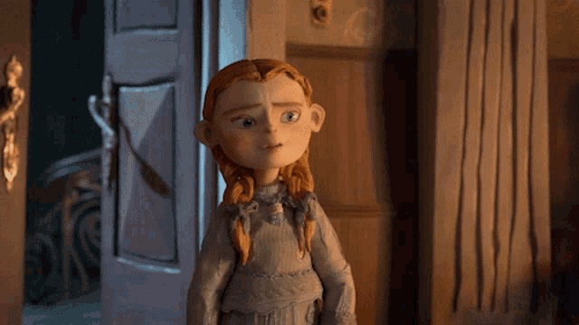 a cartoon doll with red hair is standing in a doorway