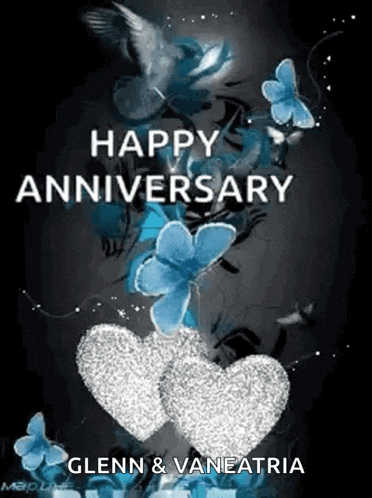 a happy anniversary card with hearts and butterflies