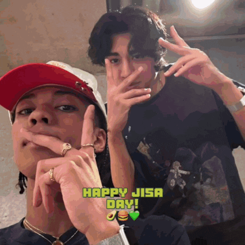 two young men are posing for a picture with the words happy jisa day written above them