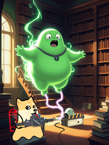 a cartoon drawing of a ghostbuster in a library with a dog holding a gun