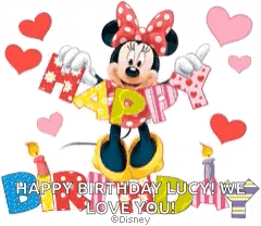 minnie mouse is holding a sign that says happy birthday