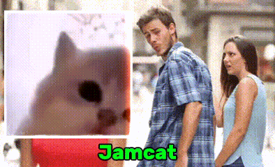 a man and a woman standing next to each other with the word jamcat on the bottom right