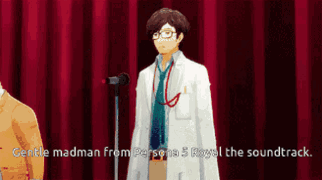 a man in a white coat and tie stands in front of a microphone with the words gentle madman from persona 5 royal