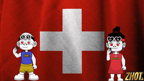 two cartoon characters standing in front of a swiss flag