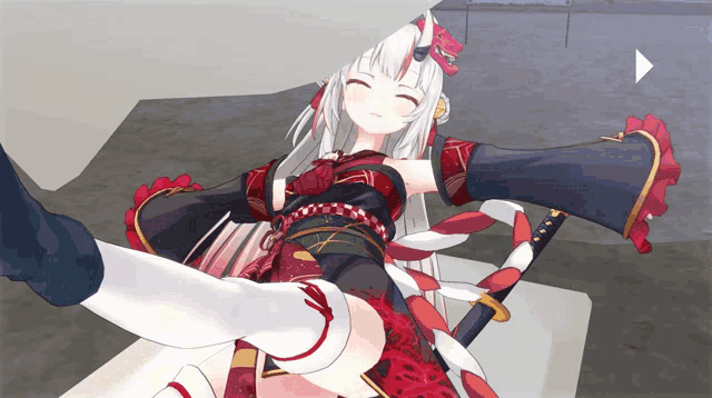 a girl with white hair and red and white socks is laying down