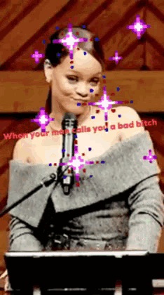 a woman singing into a microphone with the words " when your mom calls you a bad bitch " on the bottom