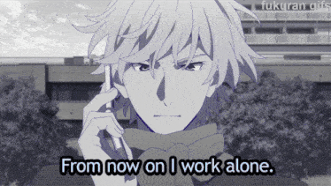 a man talking on a cell phone with the words from now on i work alone above him