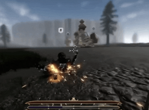 a screenshot of a video game shows a sword being thrown at a monster