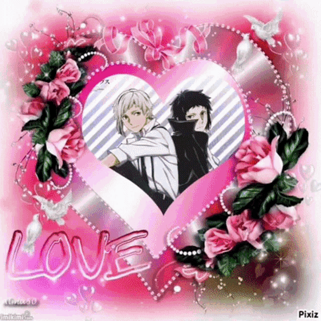a picture of two anime characters in a heart surrounded by flowers