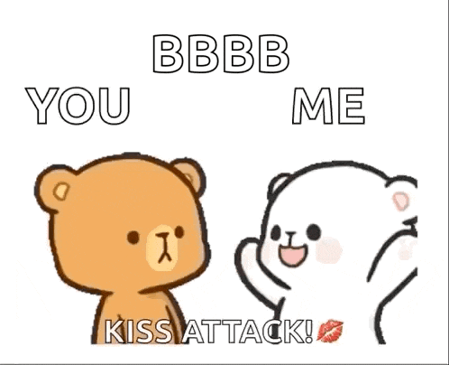 a couple of teddy bears are standing next to each other and one of them is saying kiss attack