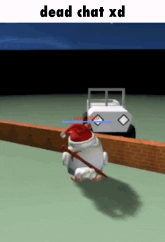 a cartoon character wearing a santa hat is standing next to a brick wall with the words dead chat xd below it