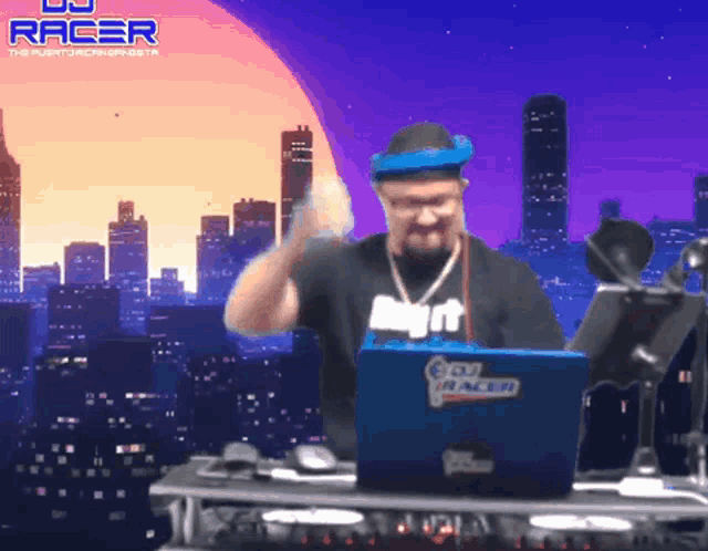 a dj racer animated image of a man behind a laptop