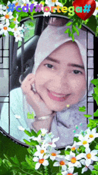 a picture of a woman in a hijab is surrounded by flowers and a red heart
