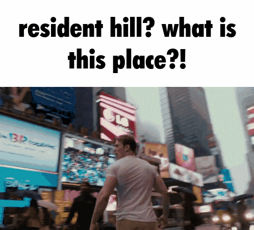 a man walking down a street with the words resident hill what is this place written above him