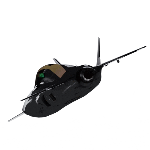 a black jet is flying in the air and has a green light on the nose