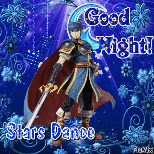 a picture of a knight holding a sword with the words good night stars dance below him