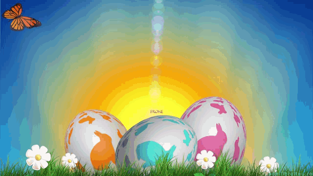 three easter eggs are in the grass with flowers and a butterfly in the background