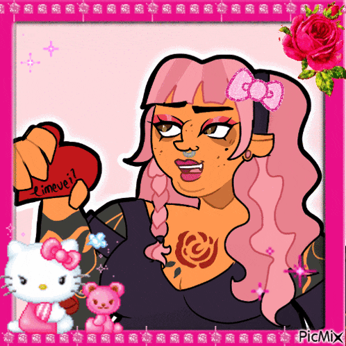 a cartoon drawing of a girl holding a heart that says " i love you "