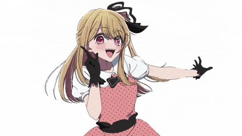 a girl in a pink dress and black gloves is making a funny face