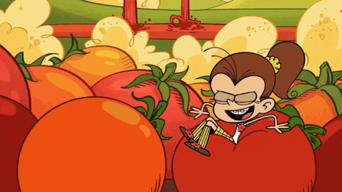 a cartoon of a girl sitting on a tomato holding a glass