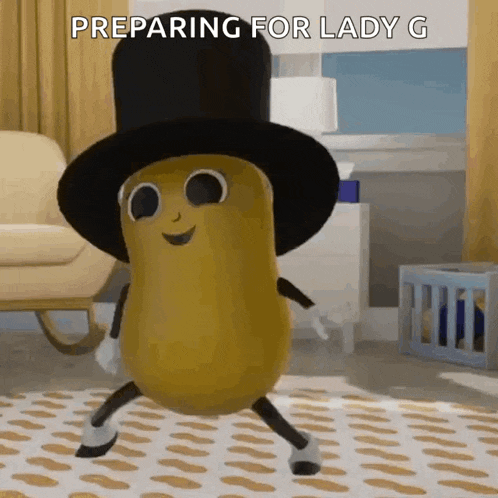 a peanut wearing a top hat and gloves is dancing in a living room .