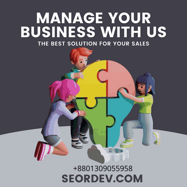 a poster that says manage your business with us and seodev.com