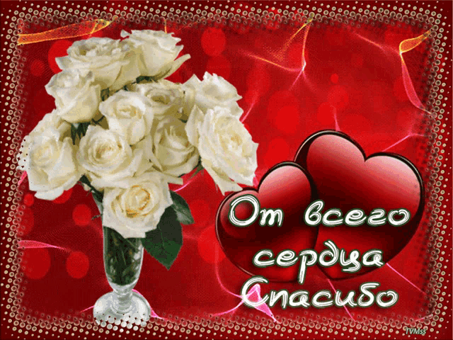 a bouquet of white roses in a vase with two red hearts on a red background that says om bcego cepdya gracias