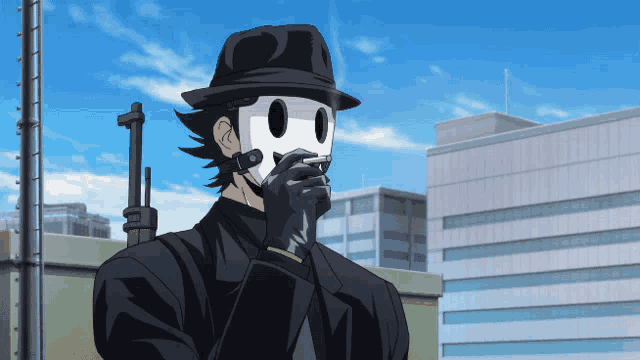 a man wearing a hat and a mask smoking a cigarette