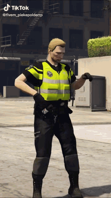 a man in a police uniform is dancing in a video game with tiktok written on the bottom