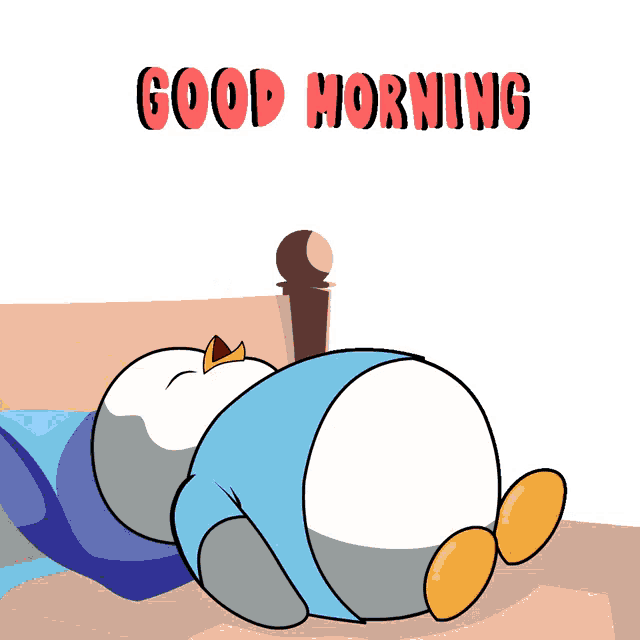 a cartoon of a penguin sleeping with the words " good morning " above him