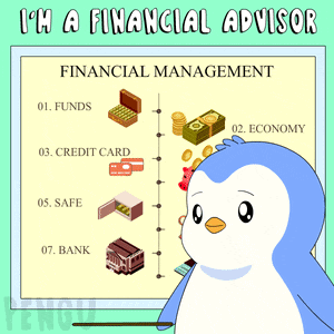 a penguin is pointing at a chart that says " i 'm a financial advisor "