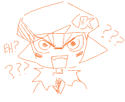 a drawing of a cartoon character with the words eh ? and question marks around it