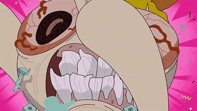 a close up of a cartoon character 's mouth with a donut in it
