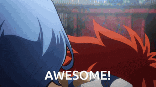 a cartoon character says awesome with a red tail