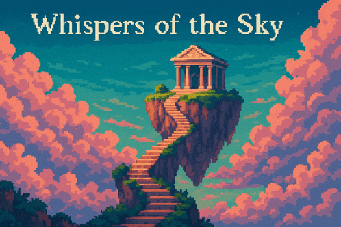 a pixel art of a building on a floating island with the words " whispers of the sky " above it