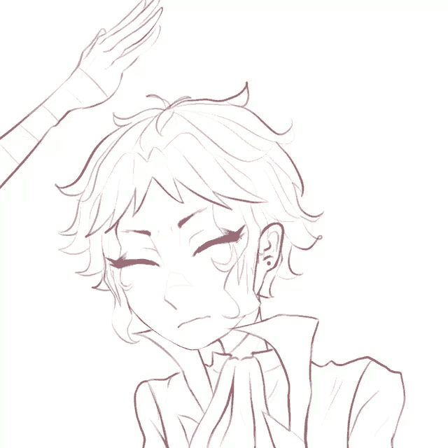 a black and white drawing of a person with a hand on their forehead