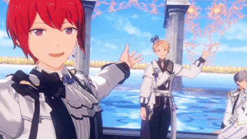 a cartoon character with red hair is standing in front of a body of water