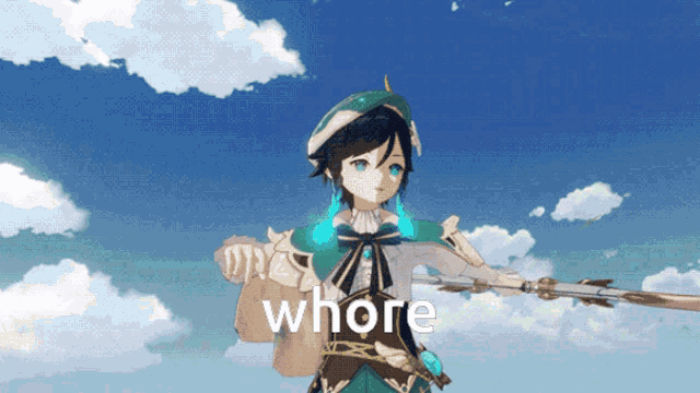 a cartoon character is holding a sword and the word whore is visible