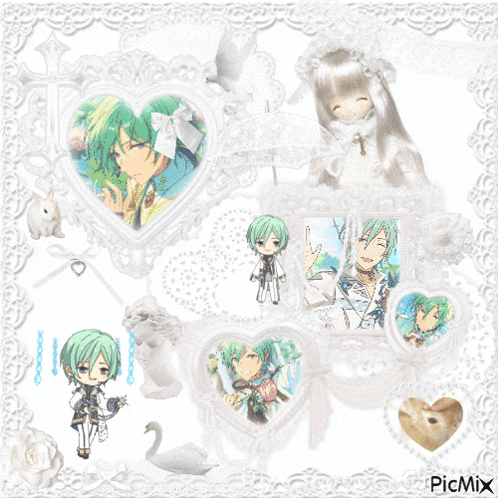 a picture of a boy with green hair is surrounded by hearts and flowers and says picmix at the bottom