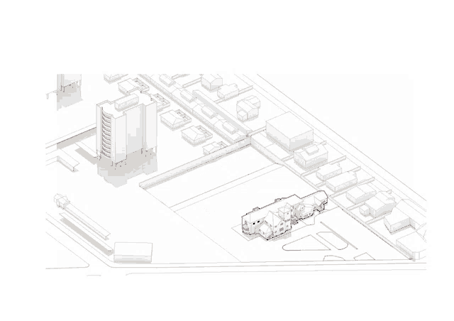 a black and white drawing of a large building in a city