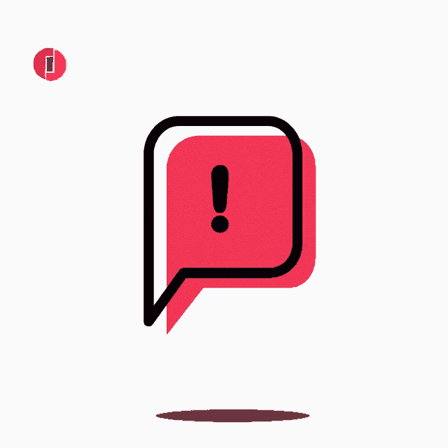 a pink speech bubble with an exclamation point inside