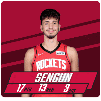 a man wearing a red rockets jersey stands in front of a banner that says 17 pts 13 reb 3 ast