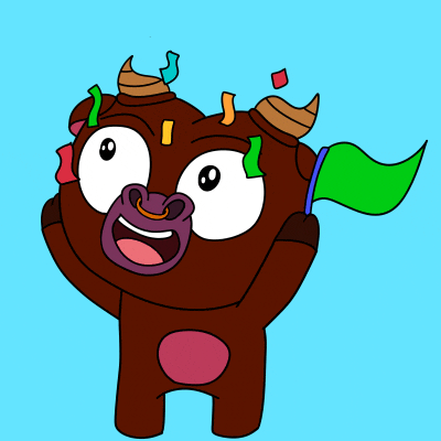 a cartoon of a bull with horns and a green flag