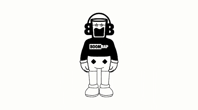 a black and white drawing of a dj wearing headphones and a boom bap sweatshirt